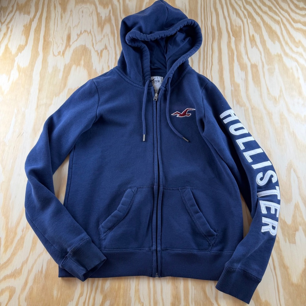 Hollister Mens XS Navy Blue Full Zip Hoodie Sleeve Logo Fleece Sweatshirt